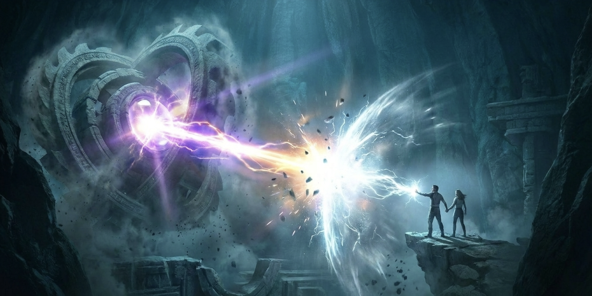 Two figures facing a massive energy discharge inside a stone chamber
