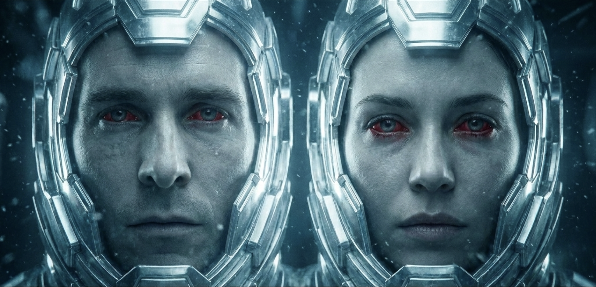 Two figures in metallic headgear with red eyes