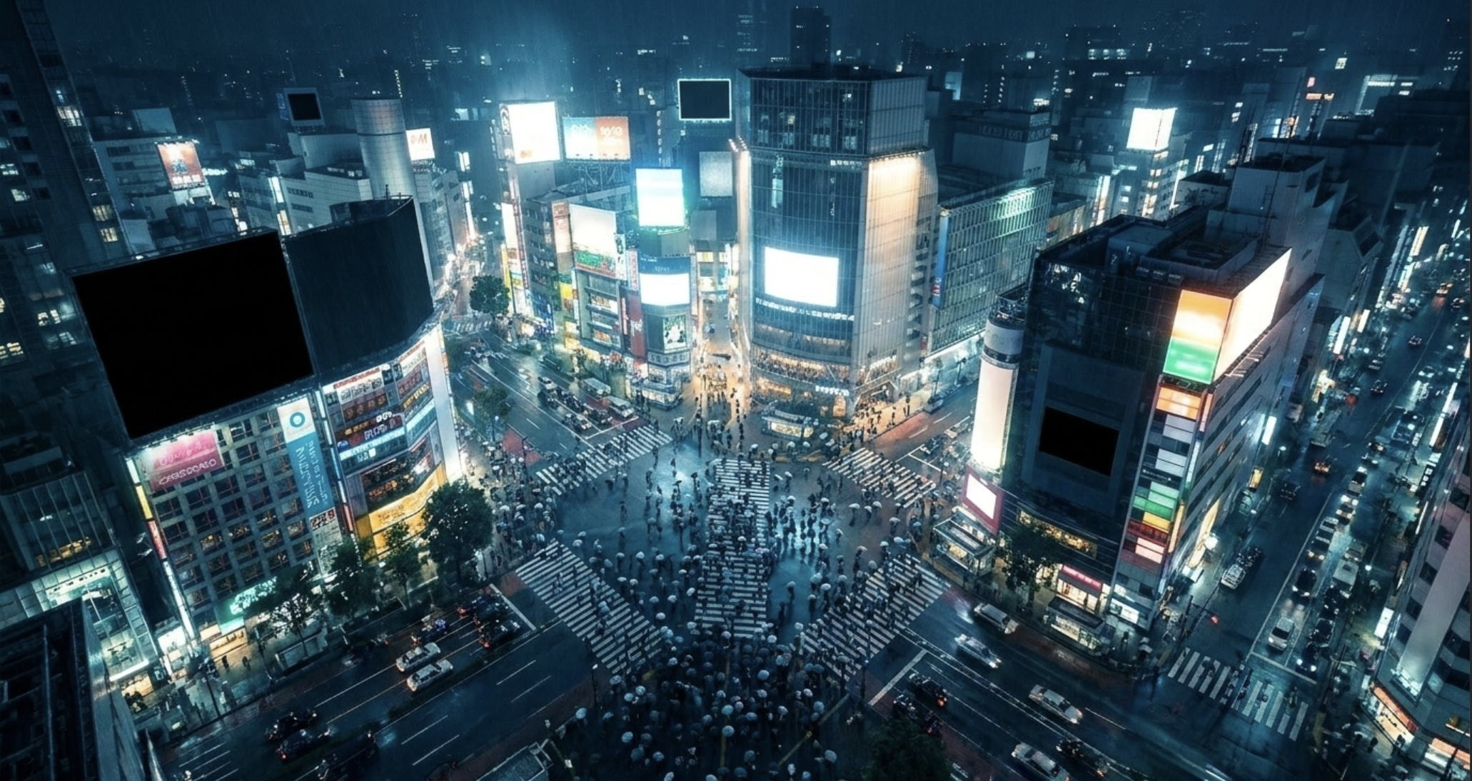 Dense city intersection lit by electronic billboards at night