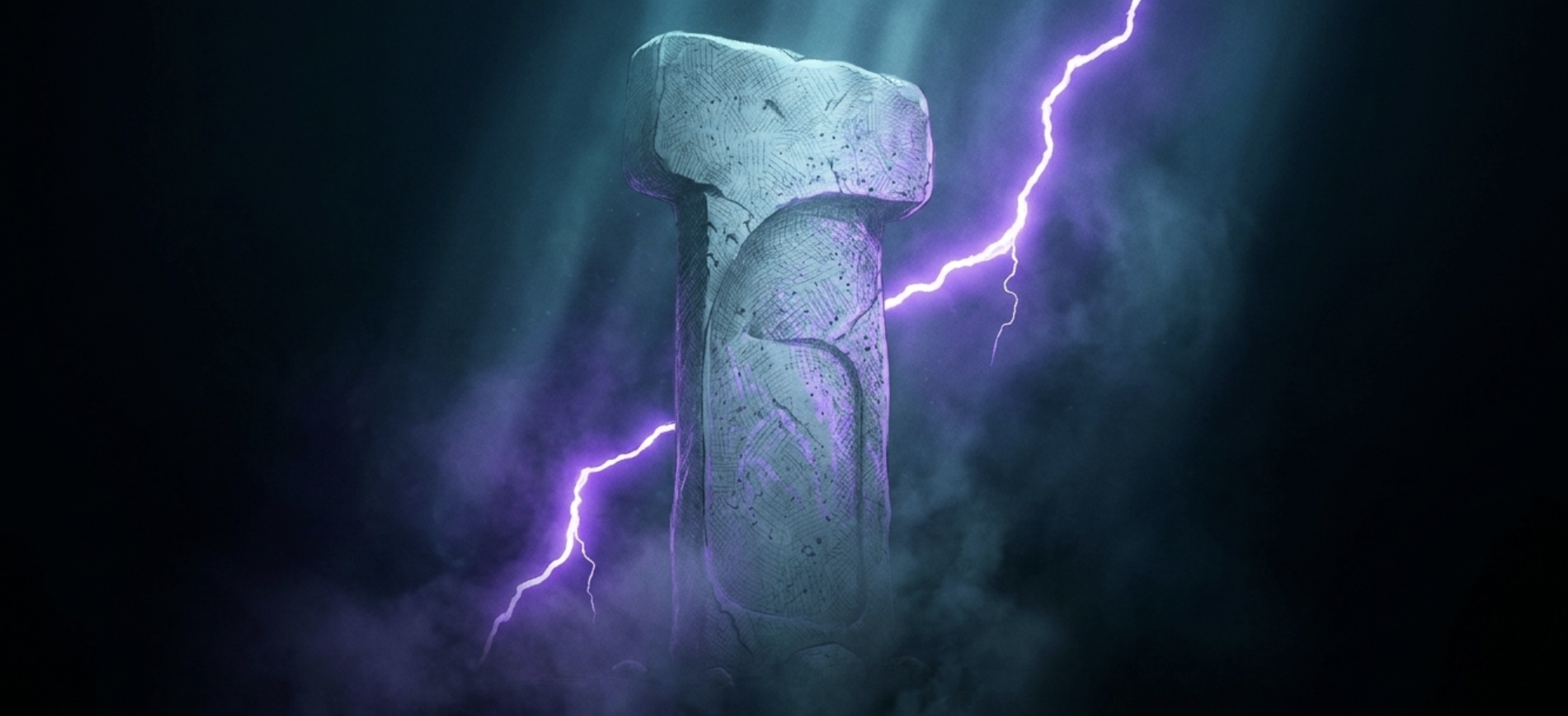 Ancient stone pillar under violet electrical discharge